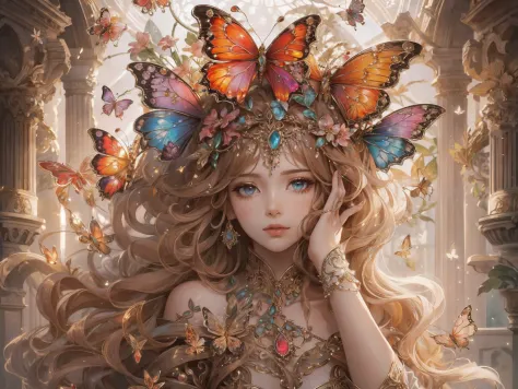 This is a highly detailed fantasy masterpiece featuring one woman with a stunning, intricately detailed crown with lots of gems and jewels. Generate a beautiful and elegant butterfly queen with a highly detailed and emotive face. Her eyes are high quality ...
