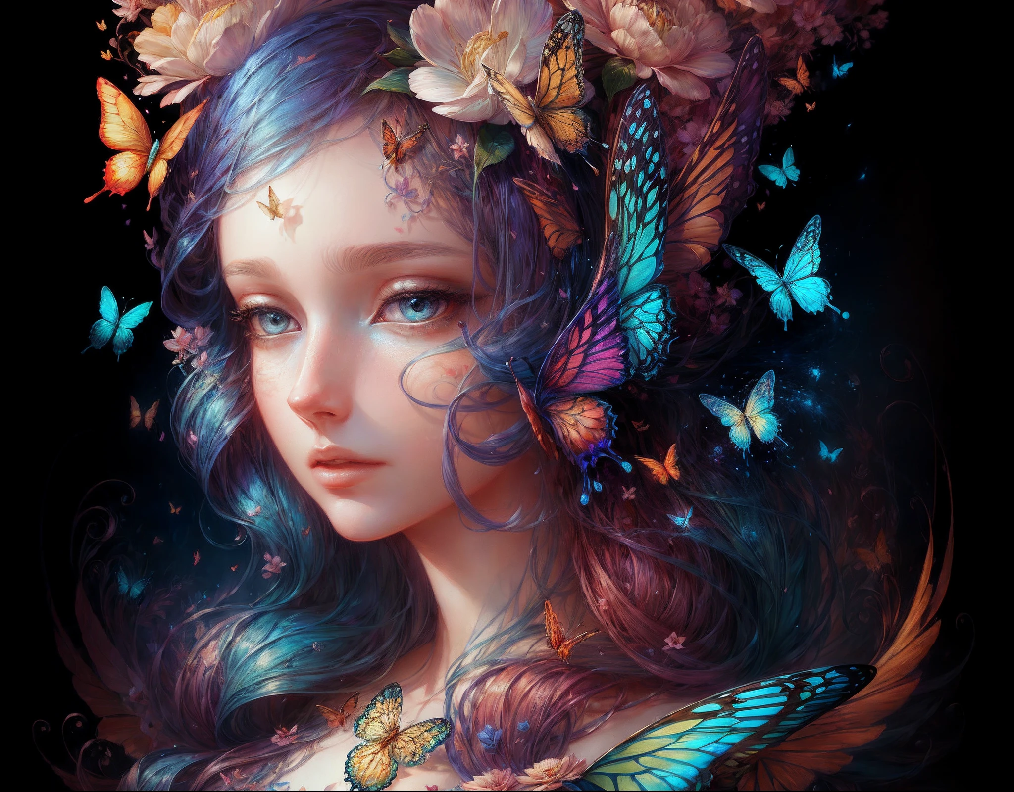 (illustration:1.3) Open-hearthm (by Artist Anna Dittman:1),Spring, paper art, 3D rendering of, Colorful, Beauty side face, Phoenix, Flowers, Butterflies, Lines, Best quality, Detailed details, Masterpiece, offcial art, Cinematic lighting effects, 4K, Generate a beautiful and realistically detailed face.