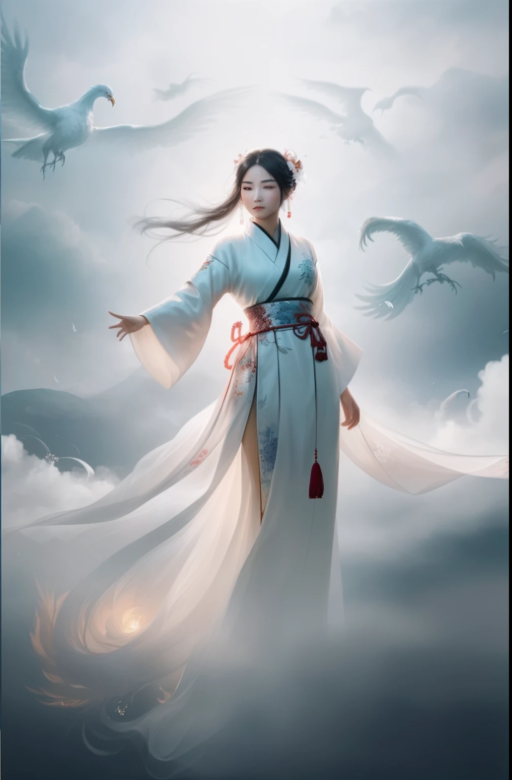 ((((1 girl)))),(white Chinese robe),
In a captivating scene, a beautiful woman adorned in a flowing white Chinese robe soars through the misty clouds on the back of a majestic Chinese phoenix. The wind gently lifts her robe, accentuating the sense of flight as they gracefully navigate the ethereal cloudscape.