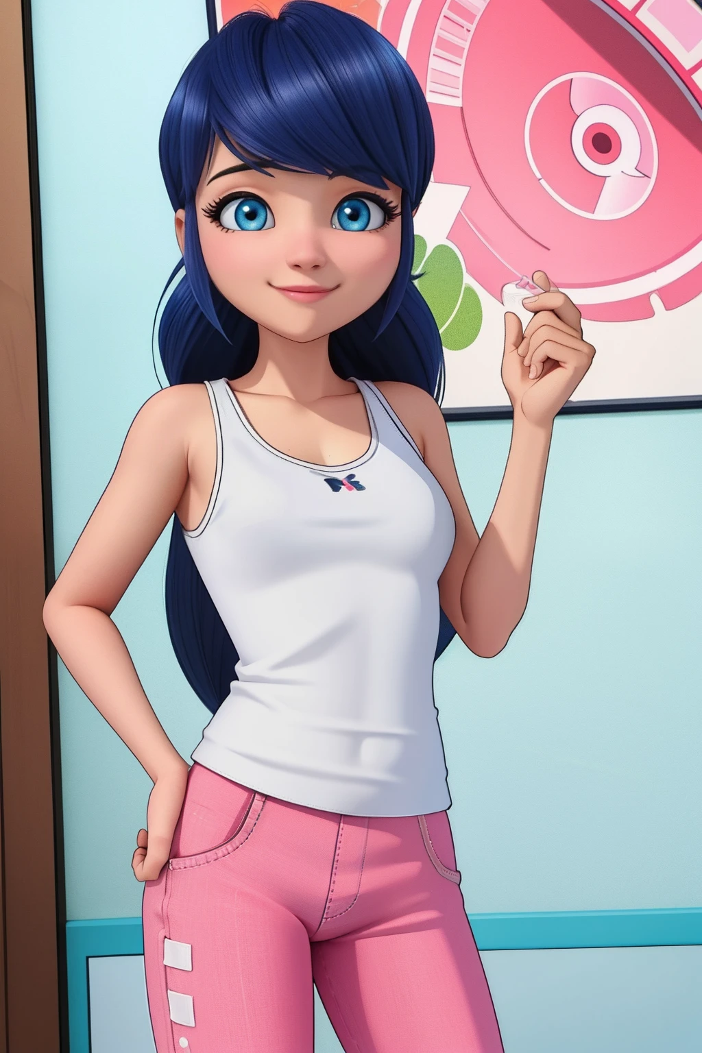 (8k, RAW photo, Best Quality, 巨作:1.2), (complex details), perfect eyes, perfect face, perfect illumination, A beautiful, (巨作:1.2), (Best Quality:1.2), 1girl, 独奏, Marinette, blue hair, ((Long flowing hair)), Adult trunk, 17 years old, slight smile, medium-sized breasts, (White sleeveless shirt, Pink joggers), cowboy shot, 3dmm