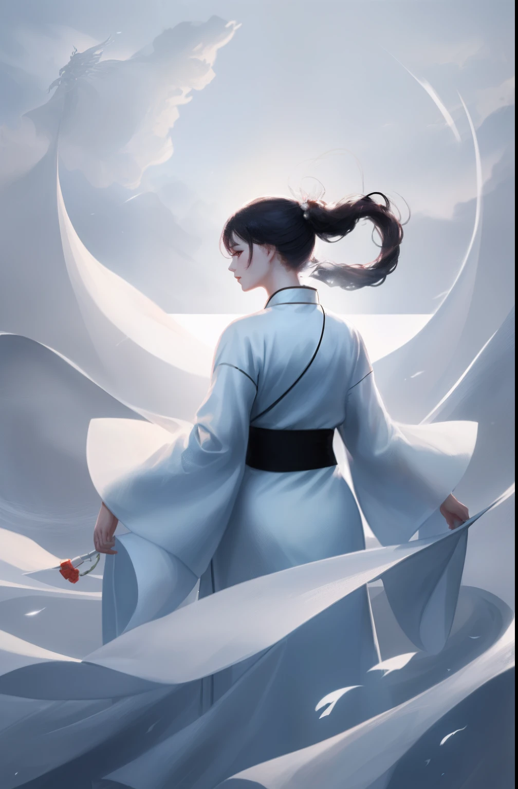 ((((1 girl)))),(white Chinese robe),
In a captivating scene, a beautiful woman adorned in a flowing white Chinese robe soars through the misty clouds on the back of a majestic Chinese phoenix. The wind gently lifts her robe, accentuating the sense of flight as they gracefully navigate the ethereal cloudscape.