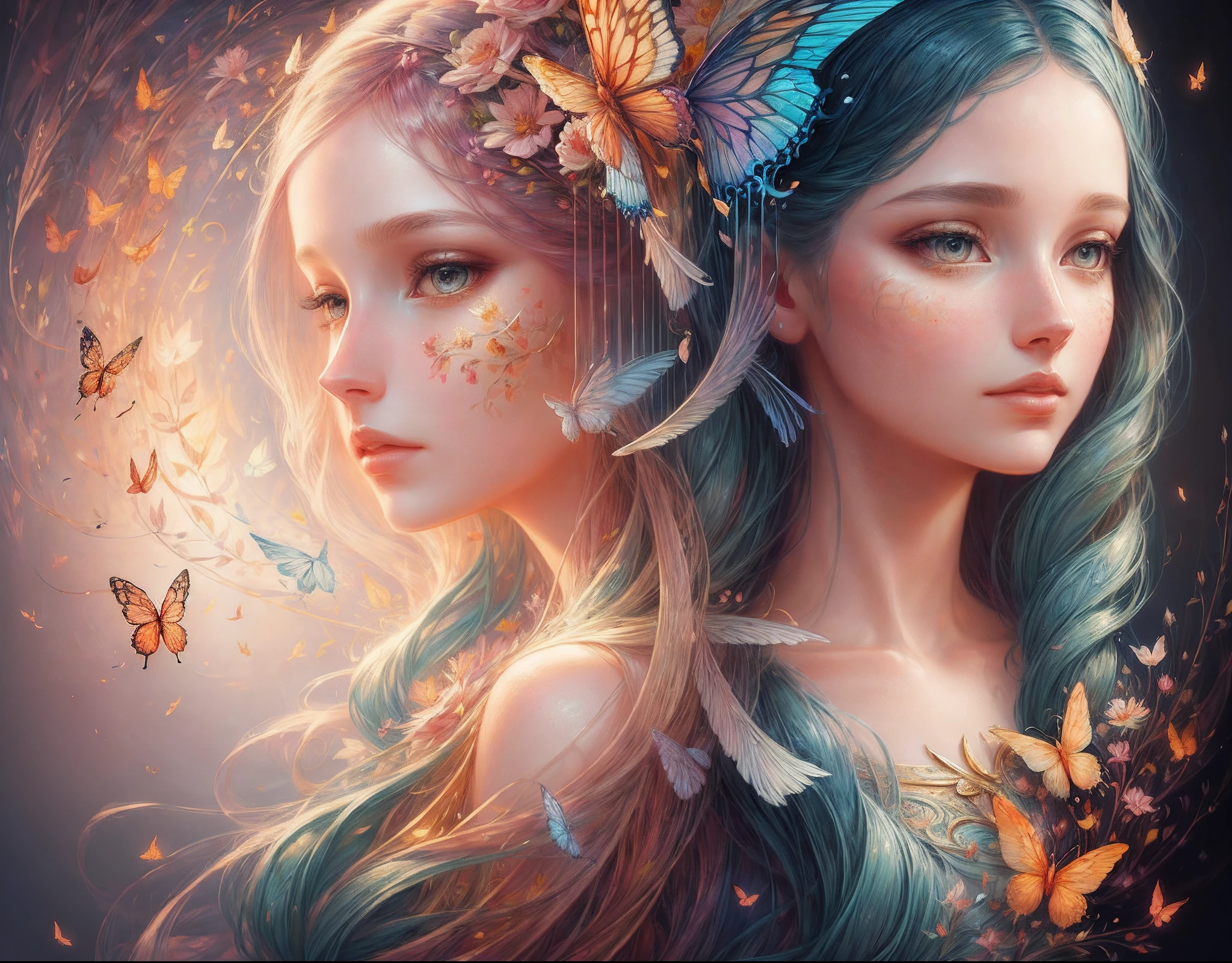 (illustration:1.3) Open-hearthm (by Artist Anna Dittman:1),Spring, paper art, 3D rendering of, Colorful, Beauty side face, Phoenix, Flowers, Butterflies, Lines, Best quality, Detailed details, Masterpiece, offcial art, Cinematic lighting effects, 4K, Generate a beautiful and realistically detailed face.