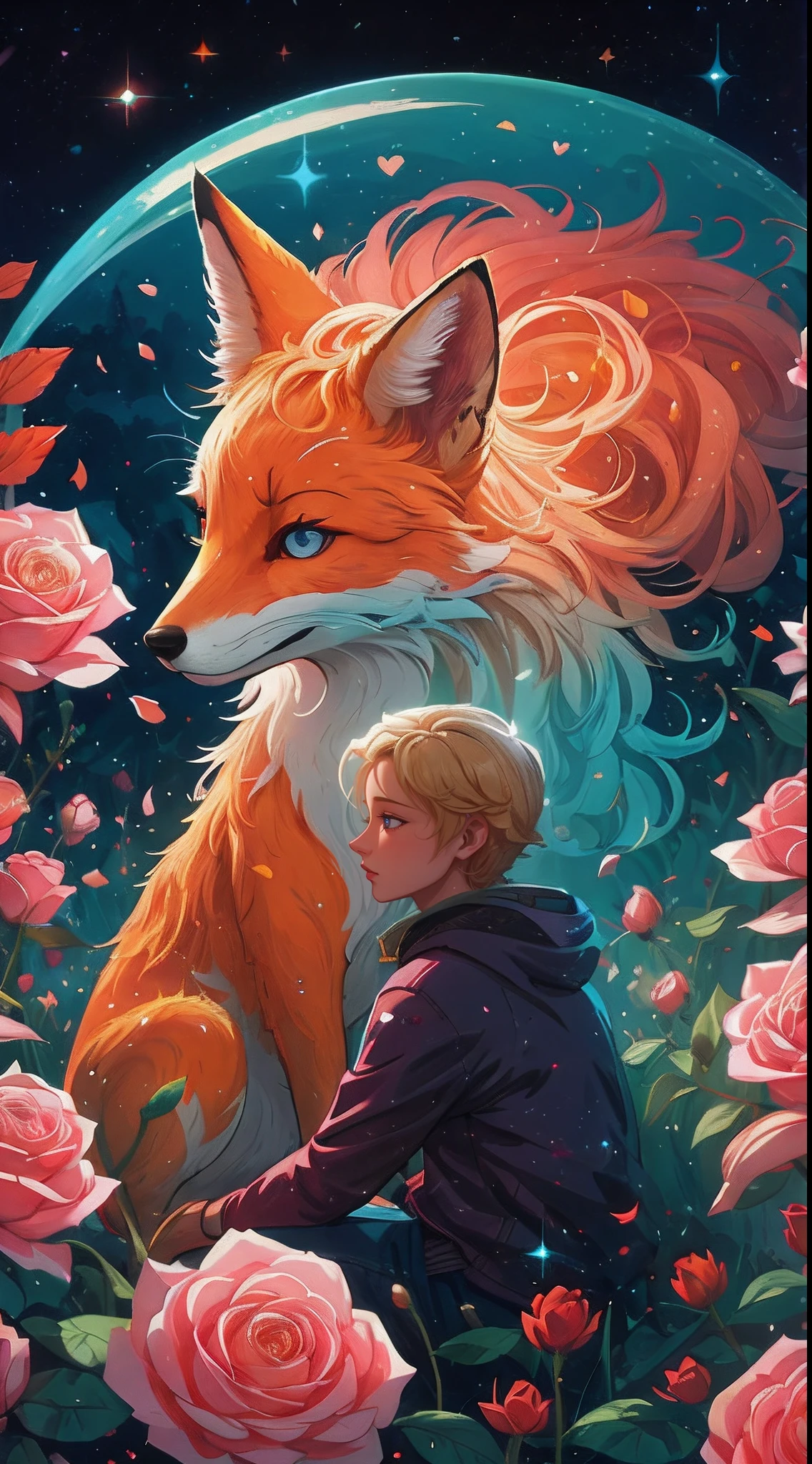 Há um menino loiro que está sentado nas flores com uma raposa, fantasia raposa amor, só uma piada, inspirado em Cirilo Rolando, Beeple e Jeremiah Ketner, bela arte uhd 4k, no estilo de Cyril Rolando, Cyril Rolando e Goro Fujita, por Ryan Yee, Ilustração digital requintada, raposa etérea