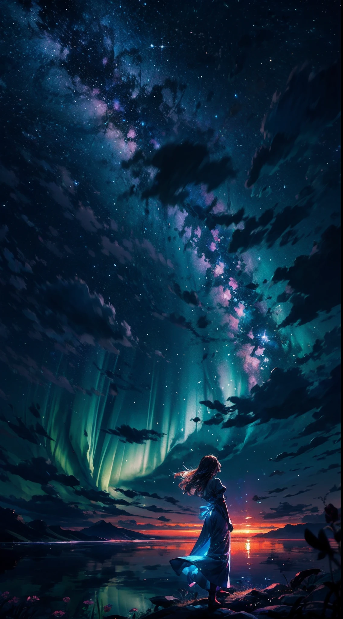 A woman standing on a rock looking at the aurora lights - SeaArt AI