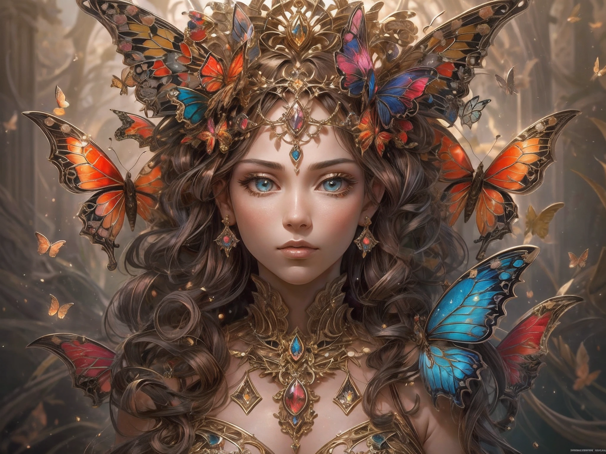 This is a highly detailed fantasy masterpiece featuring one woman with a stunning, intricately detailed crown with lots of gems and jewels. Generate a beautiful and elegant butterfly queen with a highly detailed and emotive face. Her eyes are high quality with many realistic details and realistic shading. Her skin is a creamy coffee hue, her shining hair is curly and shimmers with varying hues of red and brown, and her dress is luxurious with weightless gossamer, silk, and highly intricate detailing throughout the bodice. Include glow-in-the-dark flowers, lots of particles, highly realistic fantasy butterflies with translucent jewel-toned wings and fine detailing, and glow. The artwork is done in the style of Guviz and brings to mind masters in the genre such as trending fantasy works on Artstation and Midjourney. Camera: Utilize dynamic composition techniques to emphasize etherealness and delicate detail. Include dream colors.
