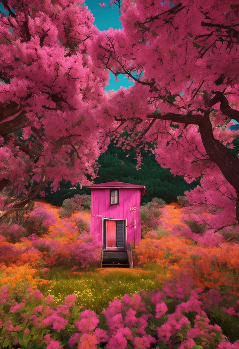 Painting of a pink outhouse in a field of flowers - SeaArt AI