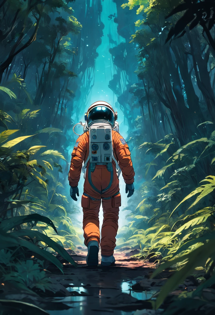 Astronaute marchant dans la jungle, Sonya7R, objectif 50 mm, lueur du matin, 8k