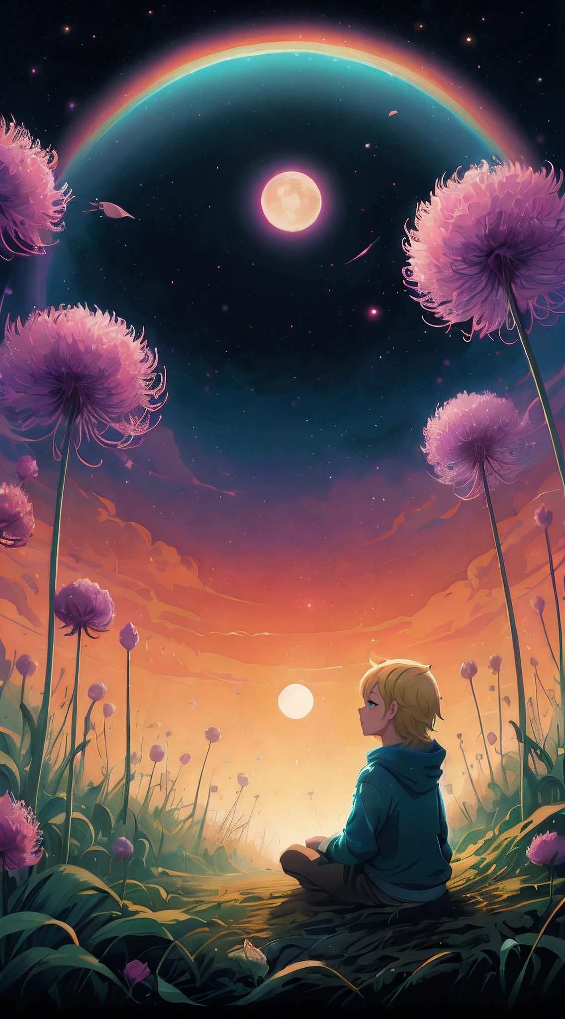 there is a little blonde boy sitting on the ground looking at the moon, beeple and jeremiah ketner, inspired by Cyril Rolando, beautiful art uhd 4 k, cyril rolando and goro fujita, in style of cyril rolando, background artwork, dreamlike digital painting, anime art wallpaper 4 k, anime art wallpaper 4k, anime art wallpaper 8 k