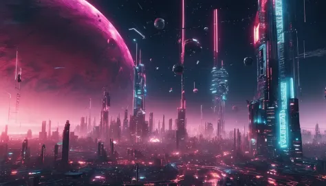 3D-rendering, fundo da cidade cyberpunk, Panorama macro, ((wide panoramic wallpaper, 4k high definition, Realistic))sky with planets and stars.