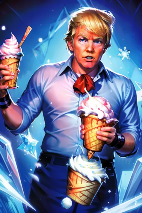 Donald Trump as a realistic image of the cartoon; Boss baby style eating Blizzard ice cream in a Dairy Queen cup. Ultra-realistic quality.