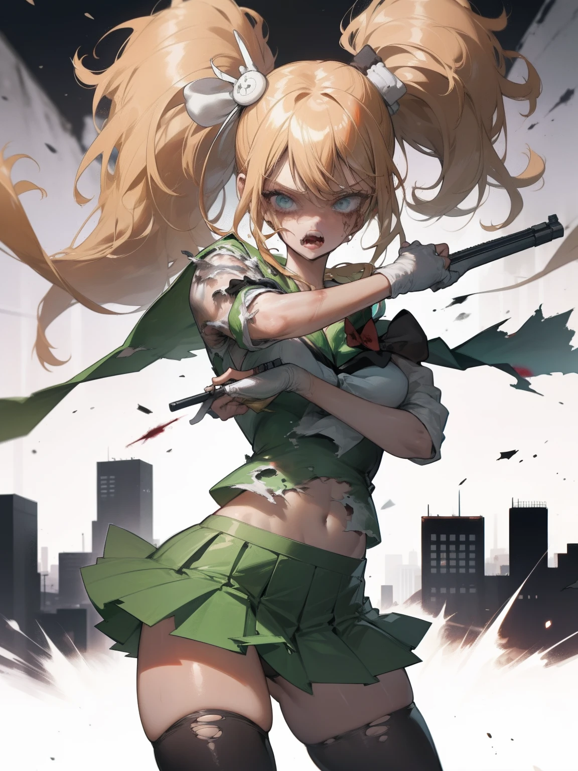 1girl, serafuku, green sailor collar, white shirt, green skirt, thighhighs, ponytail,high-waist skirt, black bow, long blond hair, blood, scared, torn clothes, torn legwear, torn shirt, torn skirt, surrounded, zombie, pov hands, fleeing, city, street, rifle, destruction,, masterpiece, best quality, highly detailed