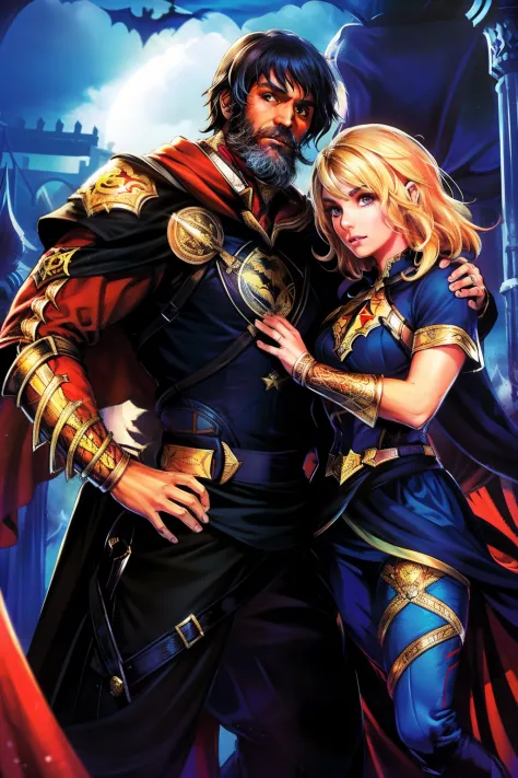 Full-body, a tall Batman in traditional costume and beard hugs and looks into the eyes of Captain Marvel，Has wild curly black ha...