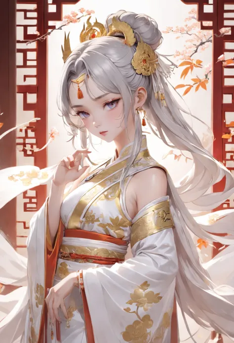 Arad asian woman poses  in white dress and gold accessories, a beautiful fantasy empress, Japanese goddess, Anime goddess, Palace ， A girl in Hanfu, Beautiful goddess, ((a beautiful fantasy empress)), full-body xianxia, gorgeous chinese models, Smooth tran...
