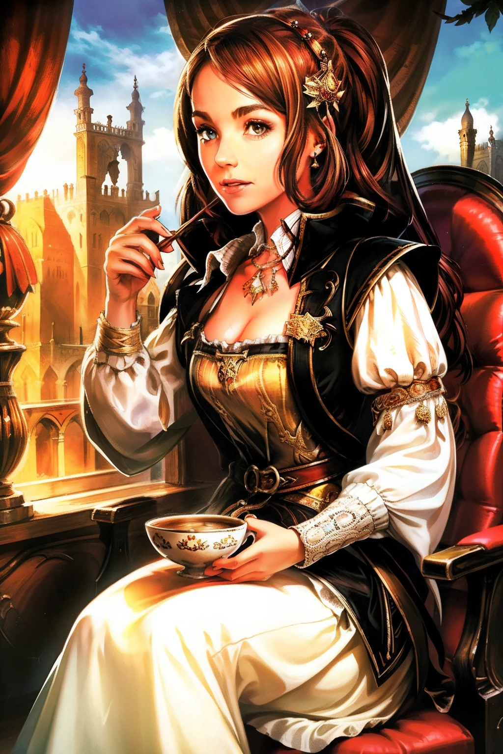 Una foto de una jefa inspiradora，Una mujer joven bebiendo café al estilo medieval.，gran vista，Retrata confianza en uno mismo.