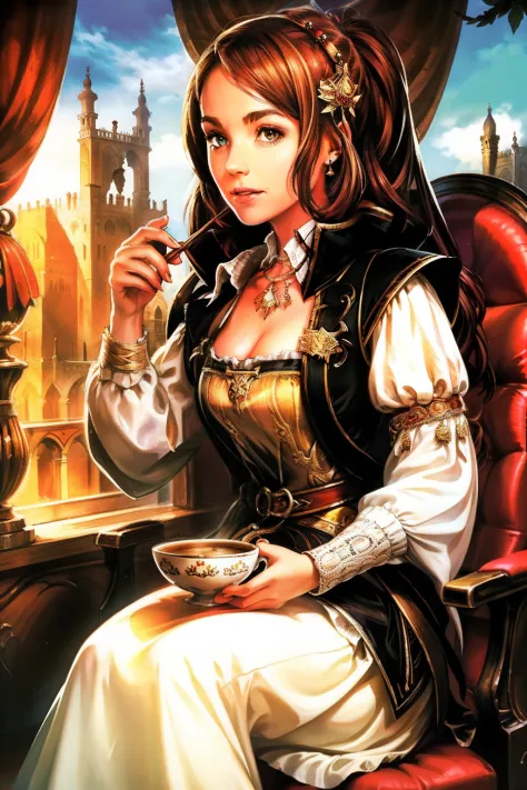 A photo of an inspiring female boss，A young woman sipping medieval-style coffee，Great view，Portrays self-confidence.