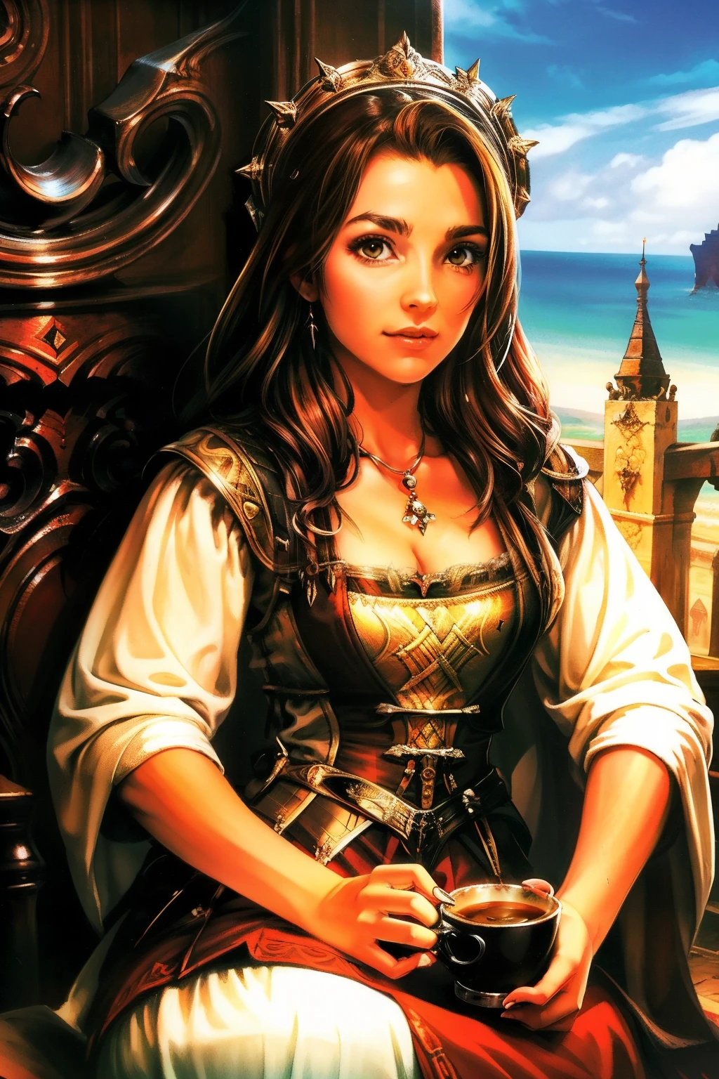 A photo of an inspiring female boss，A young woman sipping medieval-style coffee，Great view，Portrays self-confidence.