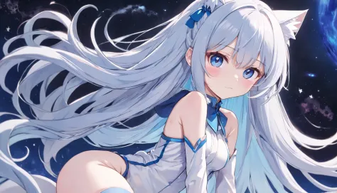 Anime girl with long hair and cat tail,, JK style, white-haired god, Anime girl with long hair, clear outfit design, anime moe art style, Long silver-white gradient blue hair, Long hair is legs, Soft anime illustration, Anime Stylization, white hime cut ha...