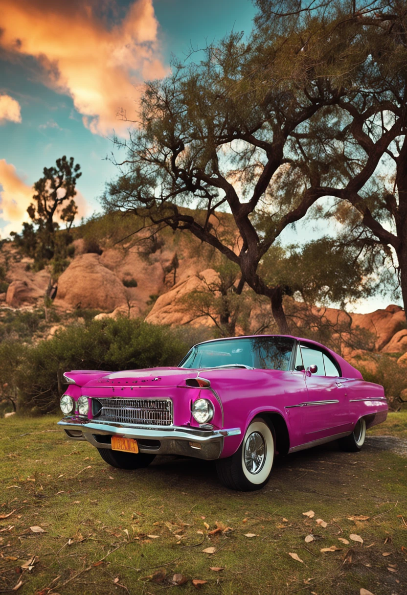 Arafed pink car parked in front of a tree in a field - SeaArt AI