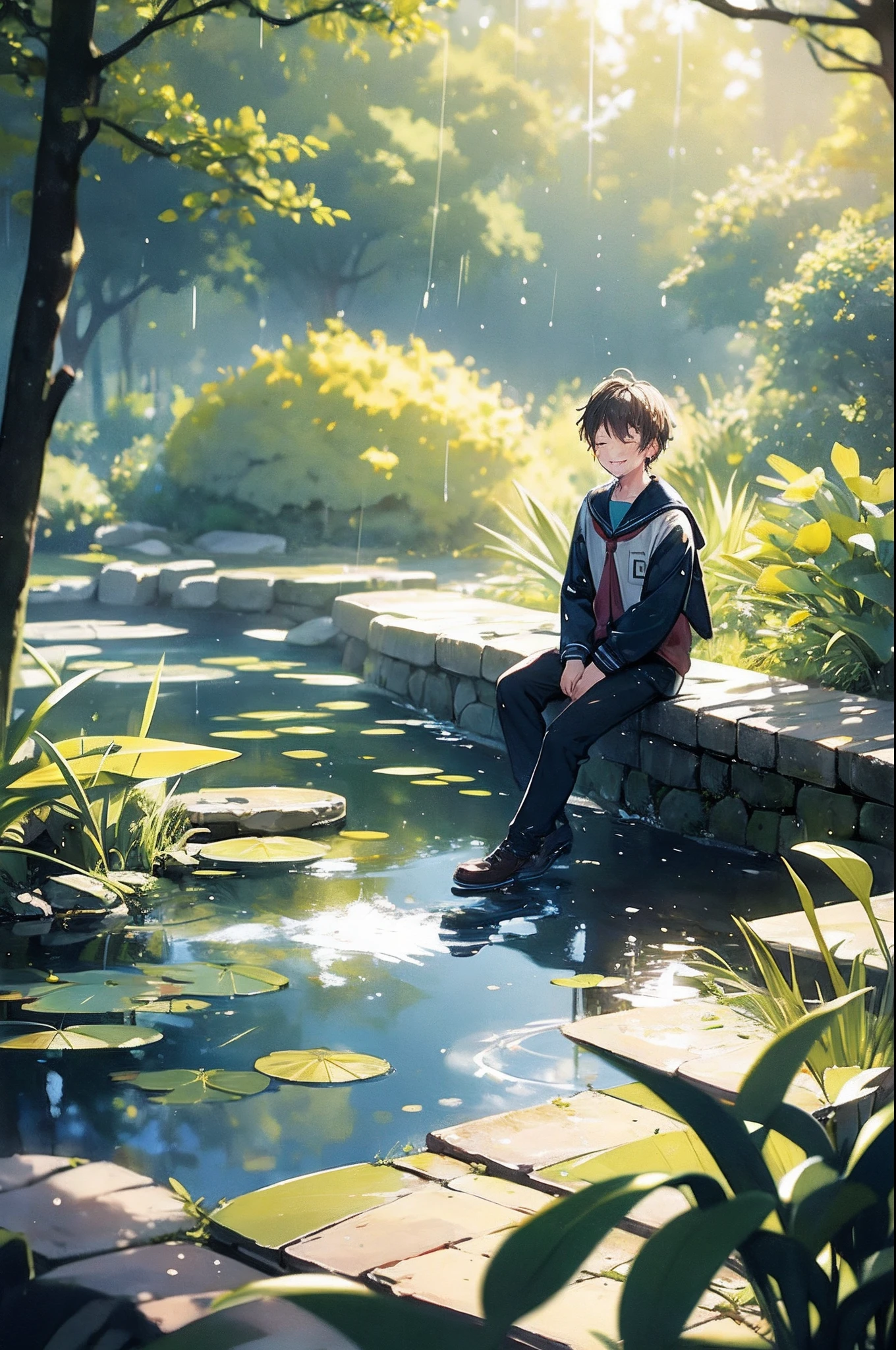 1boy, sitting, pond scenery, light beam, particles, (blurry background), dramatic lighting, wet, dappled sunlight, smile, eyes closed, from above, serafuku