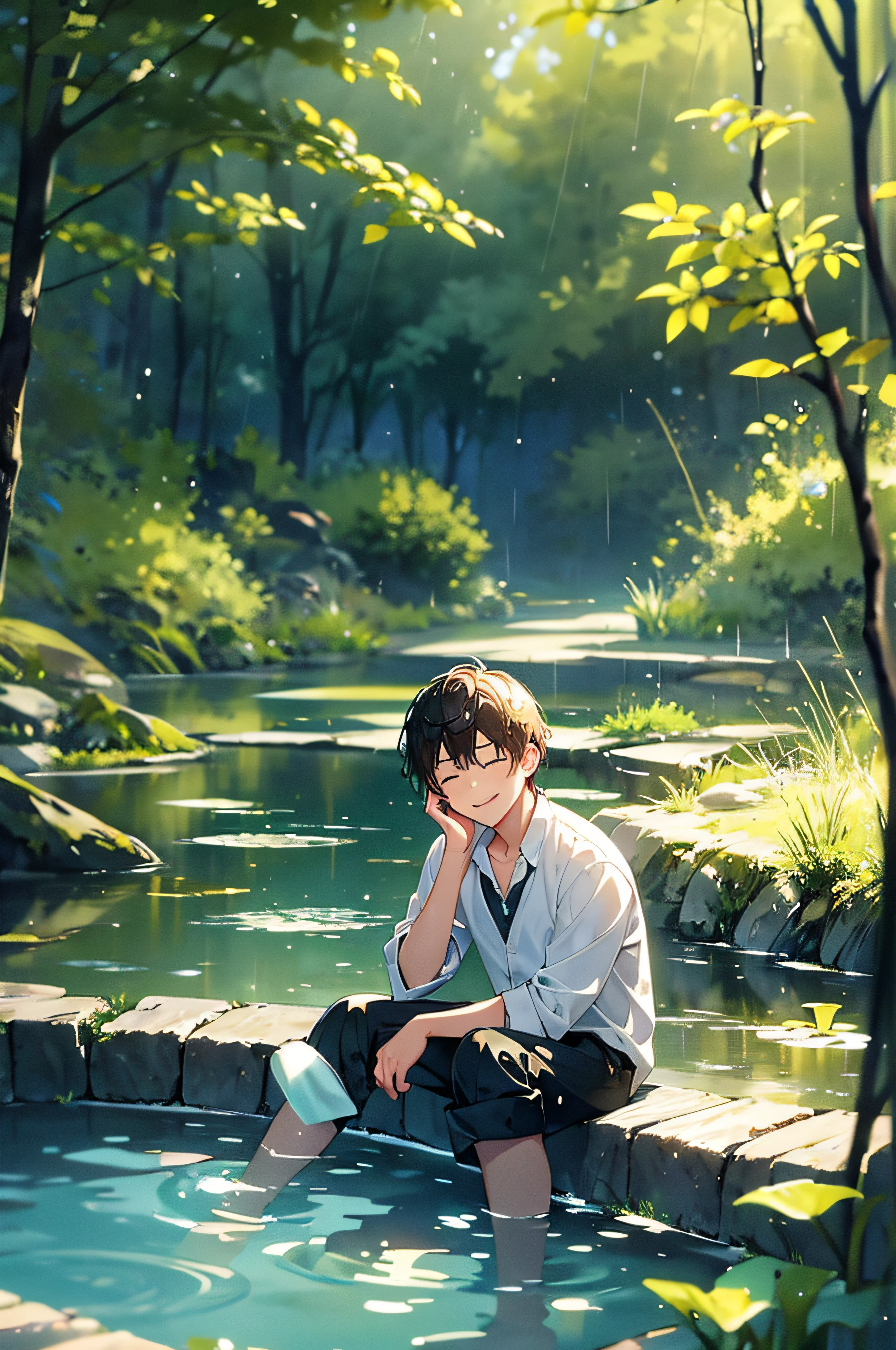 1boy, sitting, pond scenery, light beam, particles, (blurry background), dramatic lighting, wet, dappled sunlight, smile, eyes closed, from above, serafuku