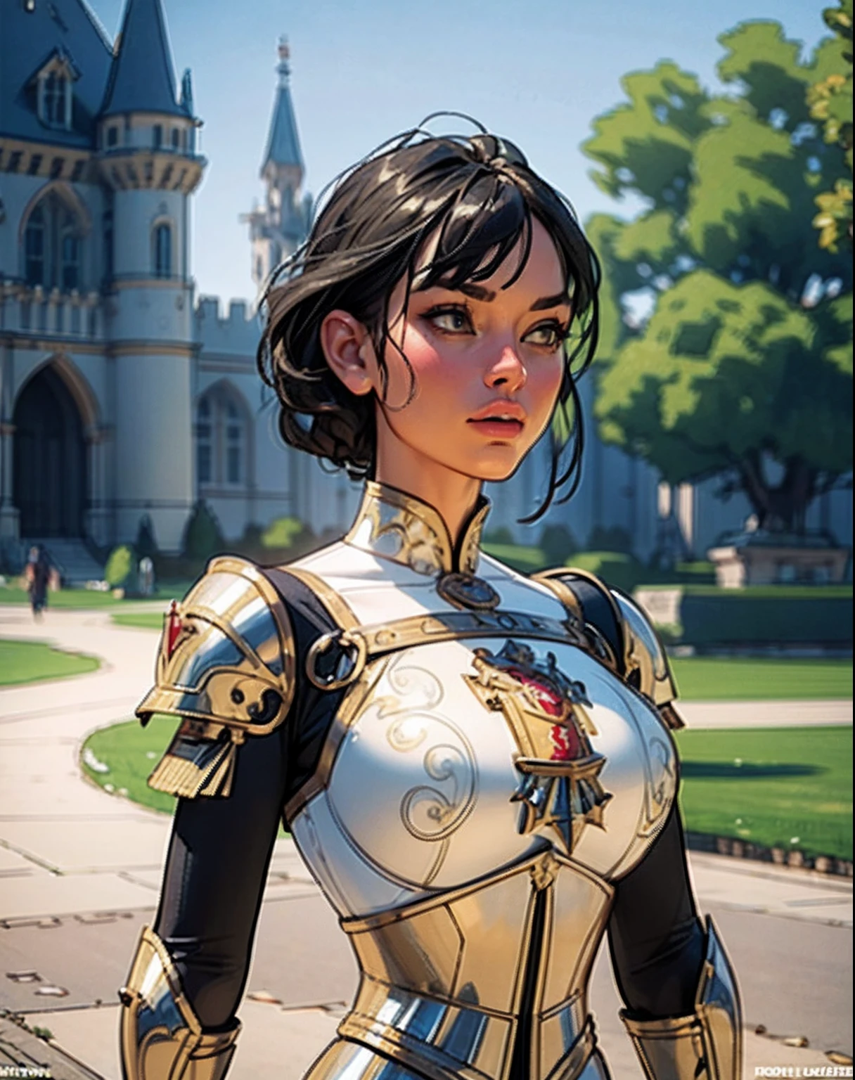 (masterpiece), (extremely intricate:1.3),, (realistic), portrait of a girl, the most beautiful in the world, (medieval armor), metal reflections, upper body, outdoors, intense sunlight, far away castle, professional photograph of a stunning woman detailed, sharp focus, dramatic, award winning, cinematic lighting, octane render, unreal engine, volumetrics dtx, (film grain, bokeh, blurry foreground, blurry background), crest on chest