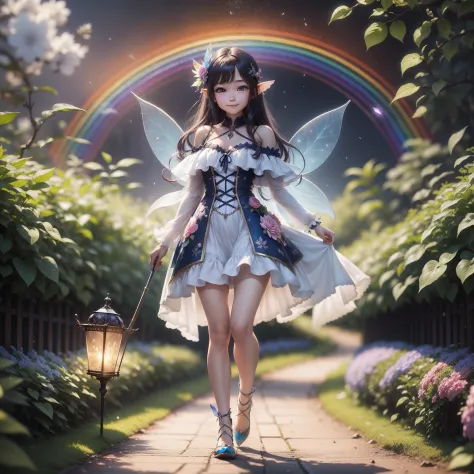 fairy walking along rainbow path spectroscopic with prism、transparent feathers、a smile、kawaii faces、precise body、highly precise ...