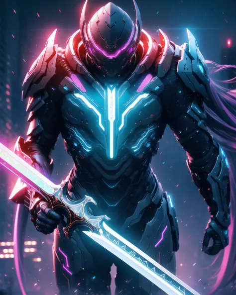 UHD, Close-up, Futuristic Holy Paladin, Cosmic Temple backdrop, Gleaming Light-Infused Sword, Advanced Light Magic, Futuristic Armor, Technological Halo, Otherworldly Expression, Galactic Ambience, Futuristic Art Style, Holographic Effects, Chromatic Aberr...
