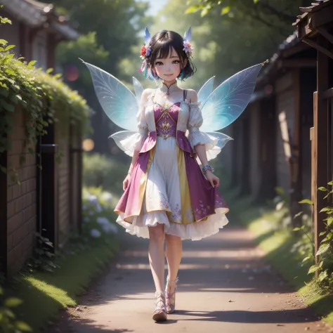 fairy walking along rainbow path spectroscopic with prism、transparent feathers、a smile、kawaii faces、precise body、highly precise ...