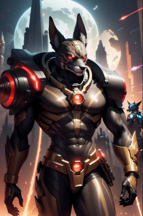 High Resulotion , Much details, Digital Art ,
On the Front a gold Male Anthro Anubian cyborg Jackal acrador Mindmachine with a scifi Blaster and Red Eyes , Background : Neonlighs and Scifi Hanger with Spaceships , in the distance stand some Black-red Anthr...
