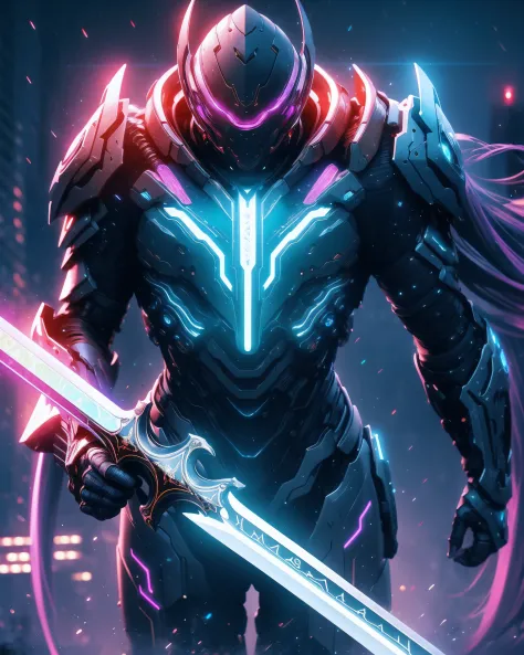 UHD, Close-up, Futuristic Holy Paladin, Cosmic Temple backdrop, Gleaming Light-Infused Sword, Advanced Light Magic, Futuristic Armor, Technological Halo, Otherworldly Expression, Galactic Ambience, Futuristic Art Style, Holographic Effects, Chromatic Aberr...