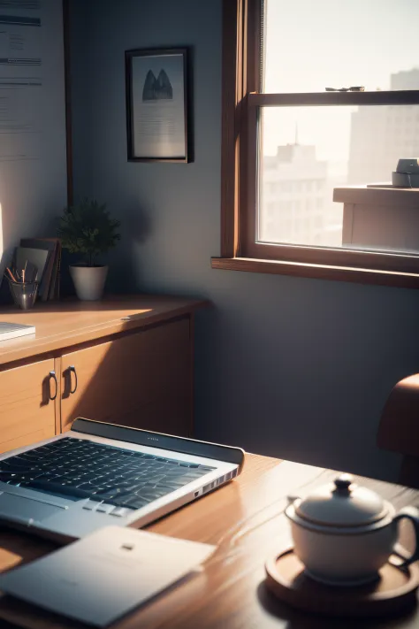 There was a laptop on the table in front of the window, Cluttered medium shot, home office interior, illusory engine. retro film still, Realistic afternoon lighting, Render in Frey, Old CGI 3D rendering Bryce 3D, Rendered in V-Ray, background 1970s office,...