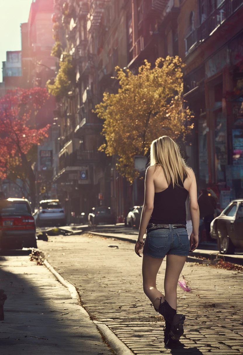 Araffe walking down a city street with a skateboard in her hand - SeaArt AI