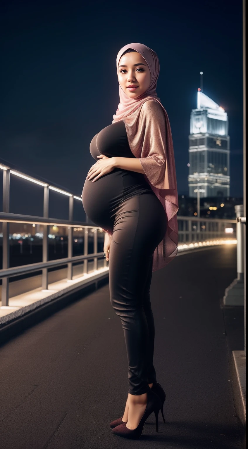 Pregnant woman in hijab standing on a bridge at night - SeaArt AI