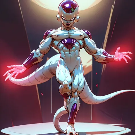 ((Frieza)), Female, woman version, Transformed into final form、dragonball z, Huge breats、battleing、Fighting、action、Beautiful expression、serious faces、Looking down、tail、red eyes、Bruised body、Perfect body、Toned body、full body Esbian、fıt body、abdominals、muscu...