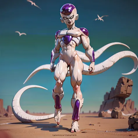 ((Frieza)), Female, woman version, Transformed into final form、dragonball z, Huge breats、battleing、Fighting、action、Beautiful expression、serious faces、Looking down、tail、red eyes、Bruised body、Perfect body、Toned body、full body Esbian、fıt body、abdominals、muscu...