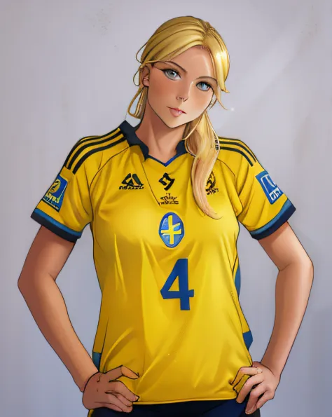 arafed woman in a yellow jersey posing for a picture, blonde swedish woman, kirsi salonen, magdalena andersson, sweden, minna su...