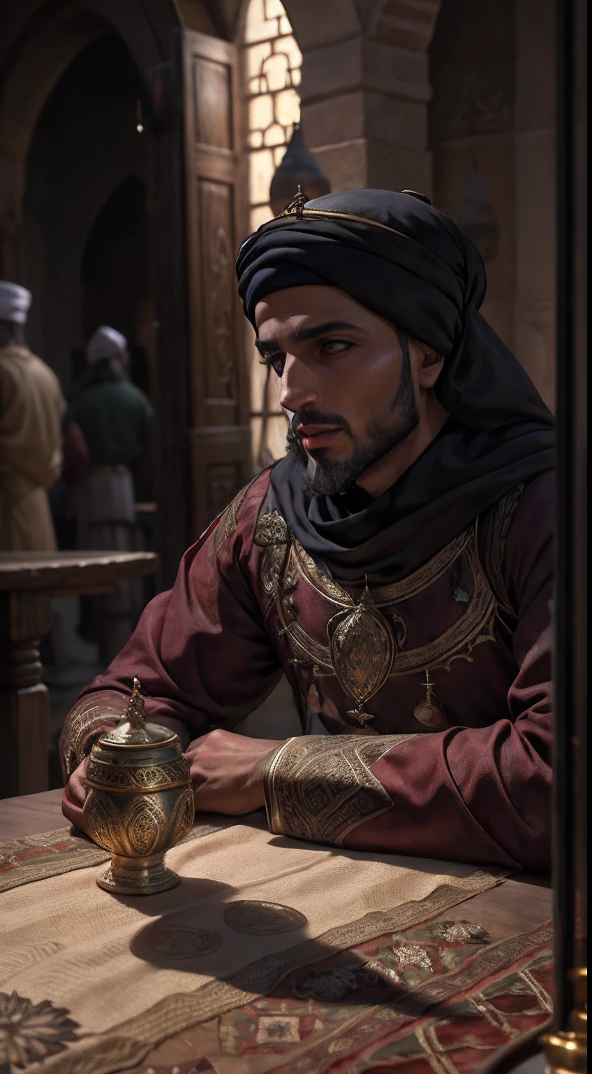 vieil homme marocain moroccan dress arabe, Arabe médiéval, palais, Ou, éclairage, bouteille et verre de boisson sur la table pleine de nourriture, Réaliste, détaillé,