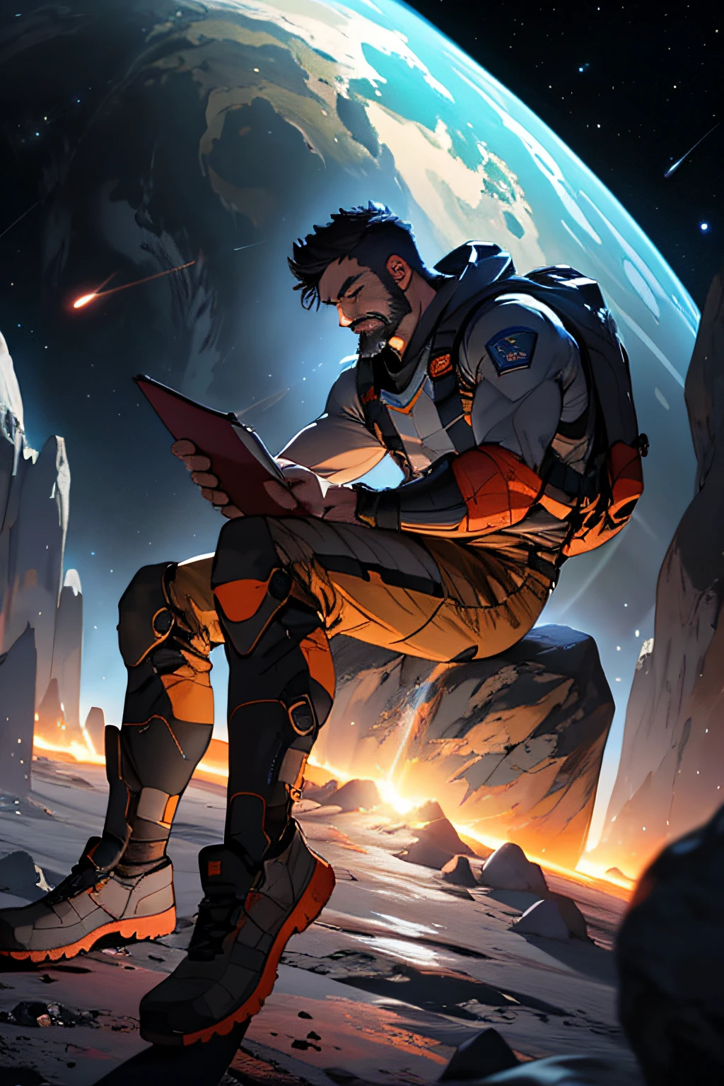 Draw a young programmer, sitting on a research platform floating in the middle of an asteroid belt. He is studying with a notebook, surrounded by several asteroids glowing with fiery auras. Dramatic lighting from distant stars and planets illuminates the scene, casting deep shadows on the suit. The young man looks confident and determined, looking at the vast and mysterious universe with wonder and respect,facial hair, cowboy shot,