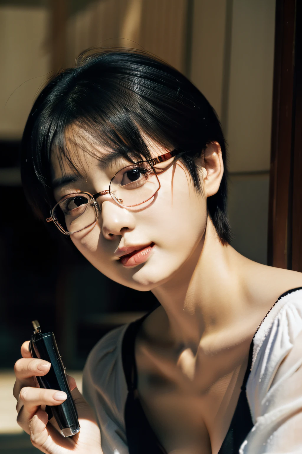 Saito Asuka，short detailed hair，Wear glasses，closeup cleavage，flatchest，hand behind head，with a round face，style of photography，Real Photographics，