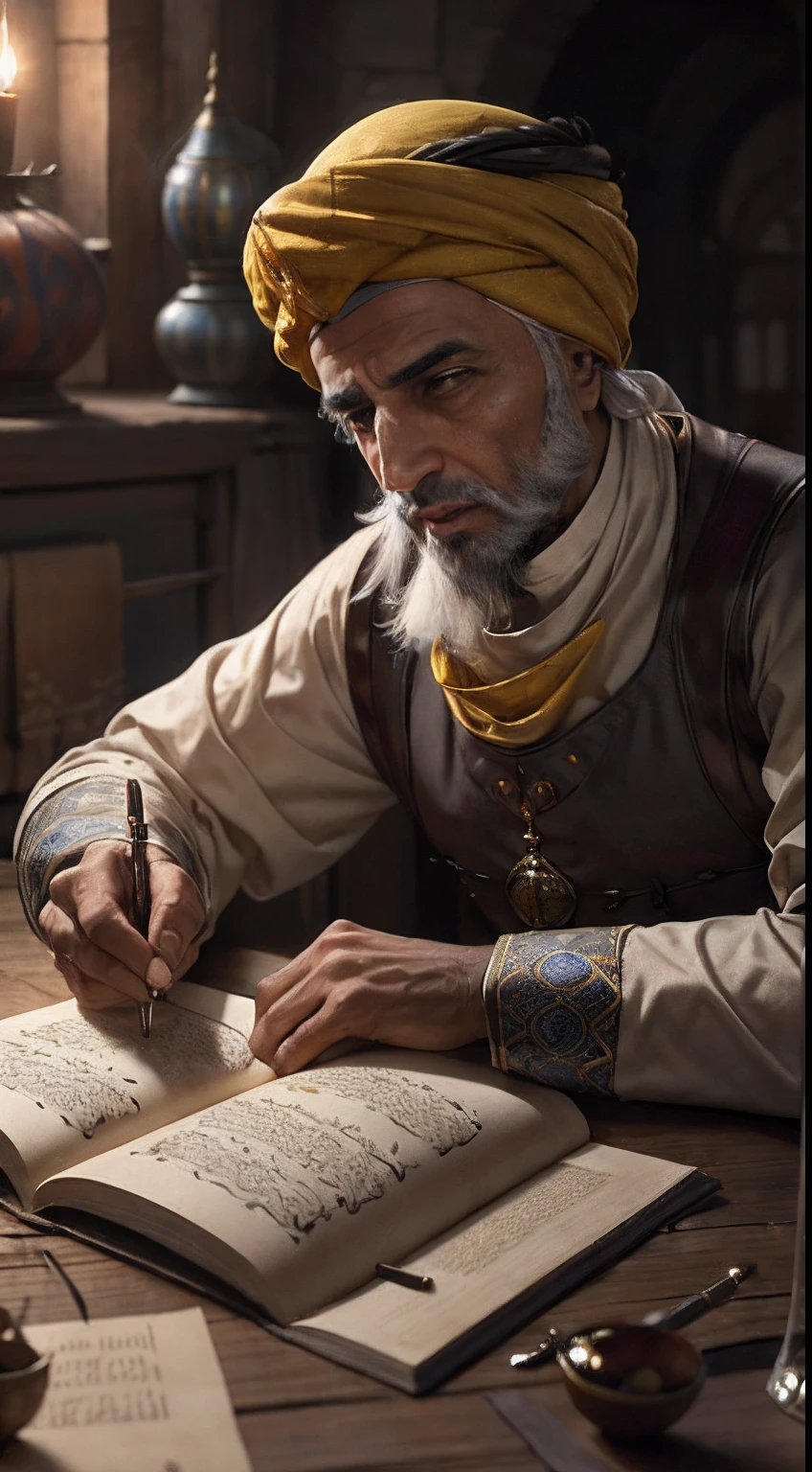 vieil homme arabe moroccan scholar with yellow turban writing ancient scroll, Medieval Arabic, palais, ou, lighting, bouteille et verre de boisson sur la table pleine de nourriture, Realstic, Detailed,