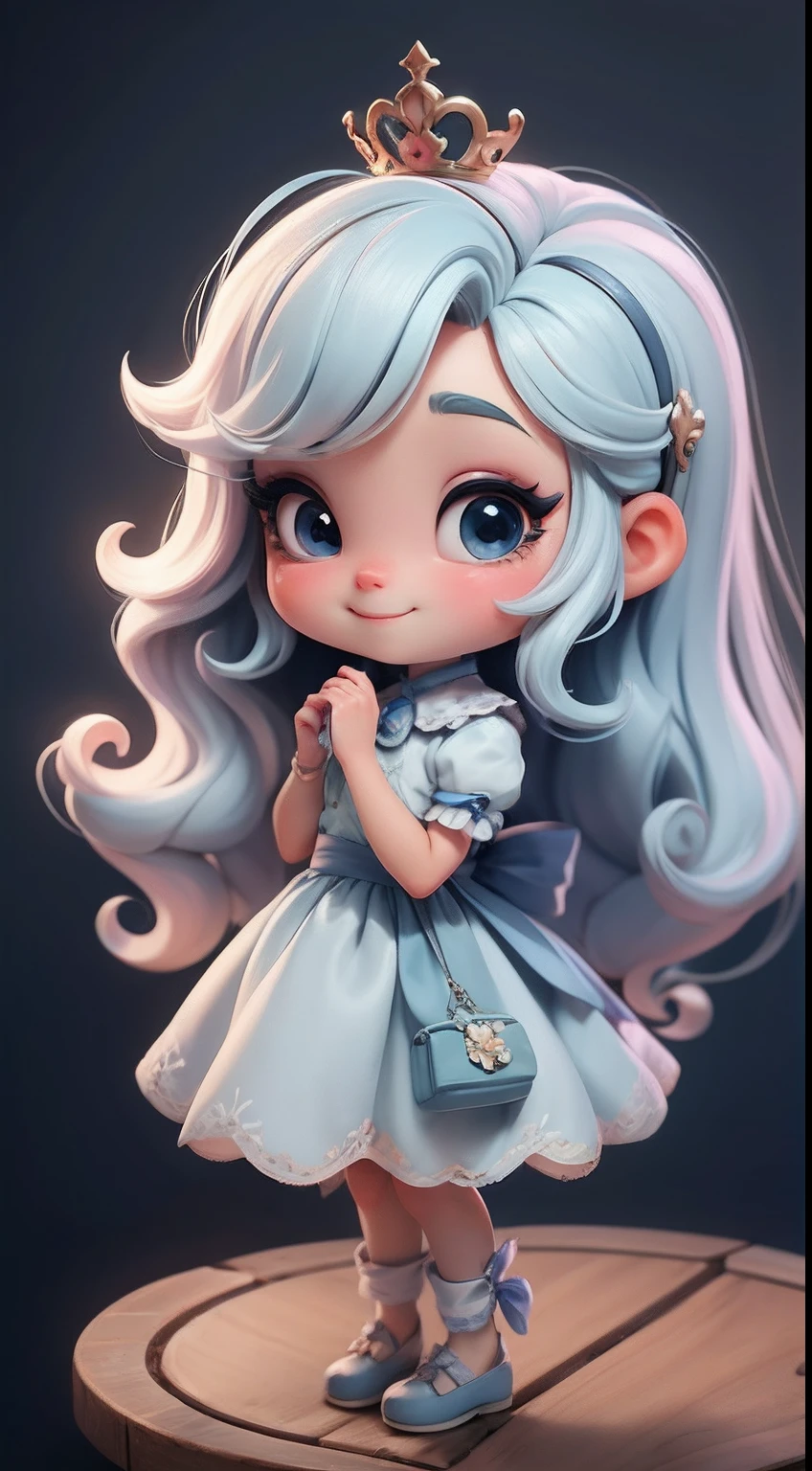 Create a  baby chibi version of the Alice character in an 8K resolution.

Boneca Chibi Alice: She should look adorable and cute, Keeping the iconic elements of the original character. A Alice chibi deve ter um rosto redondo com olhos grandes e brilhantes, long eyelashes and rosy cheeks. Seus cabelos devem ser curtos e em tons vibrantes de loiro ou castanho claro.

Vestido encantador: Vista a Alice chibi com um vestido fofo e elegante em tons de azul, rosa ou branco. O vestido pode ter babados, lace and details that refer to the theme of Wonderland. Add loops or ribbons to add a touch of delicacy.

Avental e Arco: Acrescente um avental branco sobre o vestido da Alice chibi, tied at the waist with a delicate bow. O avental pode ter pequenos detalhes como bolsos ou bordados sutis.

Meias e Sapatos Fofos: Complete o visual da Alice chibi com meias listradas em azul e branco ou com detalhes divertidos. On the feet, coloque sapatos fofos de boneca, com amarras ou fivelas.

magical accessories: Add lovely accessories to Alice chibi, like a bow in the hair or a tiara with Wonderland-themed details. You can also include cute theme accessories in your hands.

Certifique-se de adicionar sombras, texturas e detalhes nos cabelos, Alice chibi's clothes and accessories to make her even more adorable and charming. Give him a smiling expression and a sweet smile on his face, capturing the essence of the character in a delicate and charming way.
