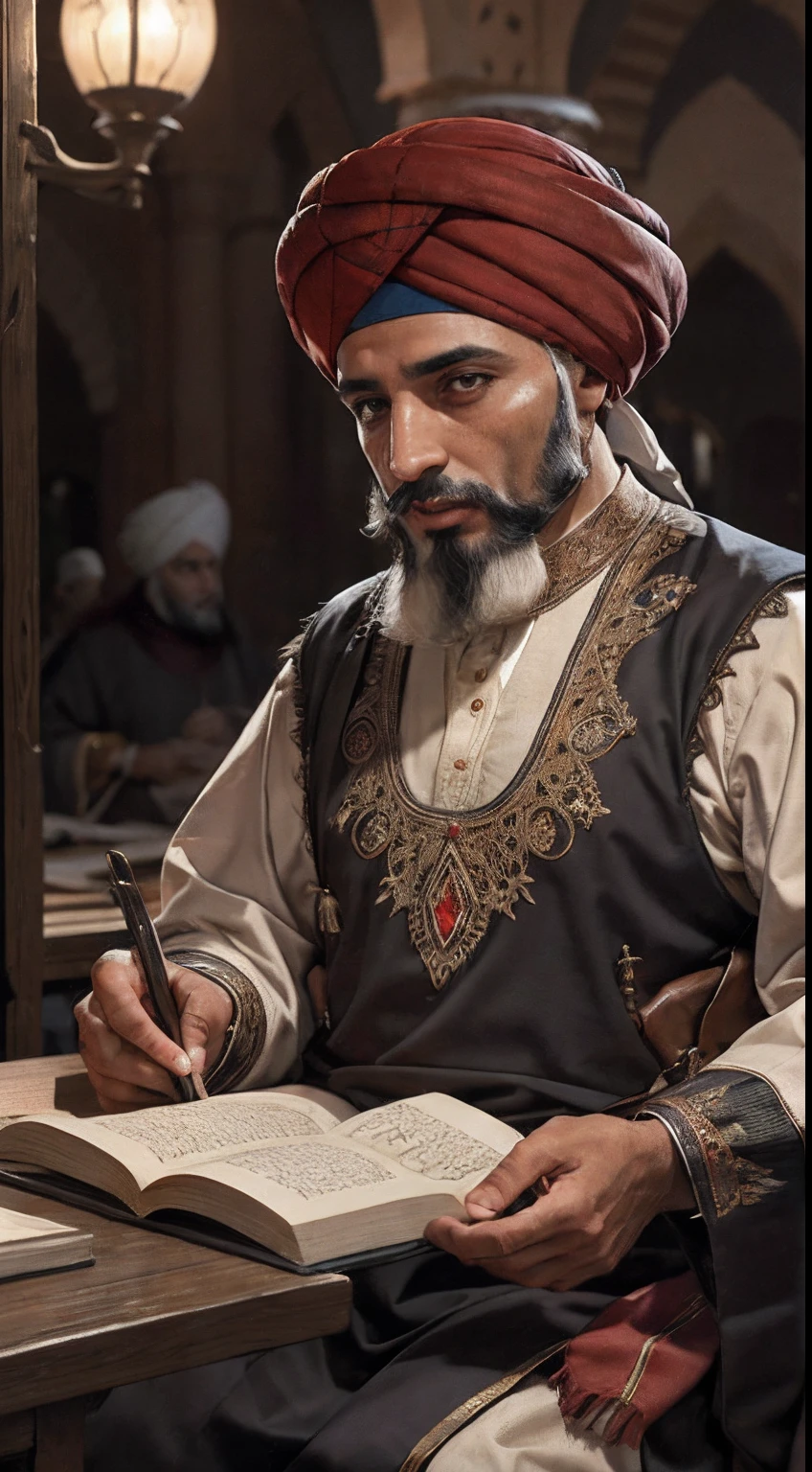 vieux hommes arabes érudits marocains avec tenue marocaine robe marocaine turbans rouges , visages super détaillés corps super détaillés Arabe médiéval, discuter de livres palais marocain, ou, éclairage, bouteille et verre de boisson sur la table pleine de nourriture, Réaliste, détaillé,