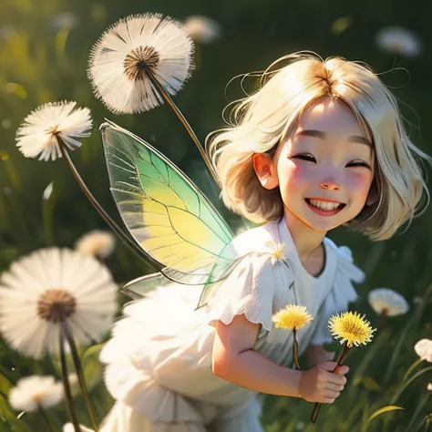 fairy grabbing dandelion fluff and flying、transparent feathers、smiling、