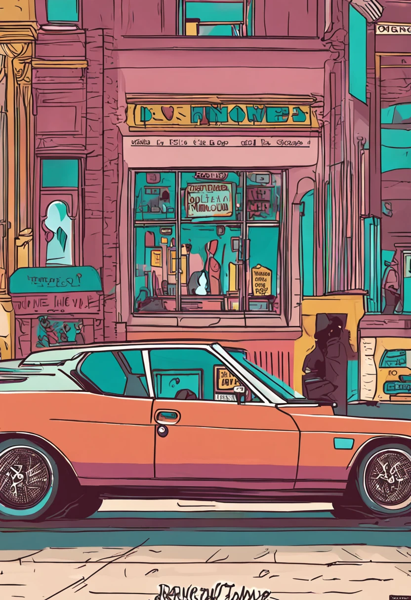 Illustration of a car parked in front of a store with a cat sitting in the  window - SeaArt AI