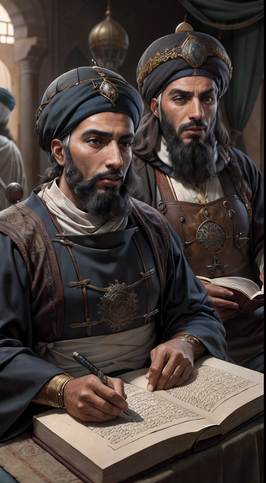 Moroccan scholars arabe simple clothing with black turbans writing ancient Scrolls and Reading Books in moroccan riad hyper realistic Faces correct proportions super detailed clothing