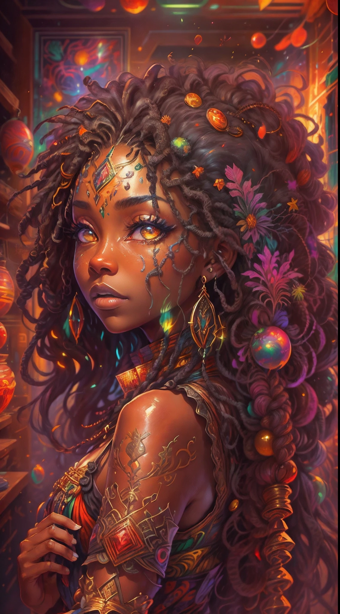 This is a thrilling fantasy image with ultra-realistic realism, vaguely abstract detailing, psychedelic patterns, and draws heavy inspiration from Rasta style and Jamaica. Generate a beautiful and  Jamaican woman with stunning eyes and highly detailed dreads in various shades of brown, dark red, and dark orange. (Include beautiful detail eyes with realistic shading.)（Dread Locs Hair style：1.3）,（tmasterpiece，best qualtiy：1.2），illustration，8k wallpaper，Dazzle，（Portals：1.1）