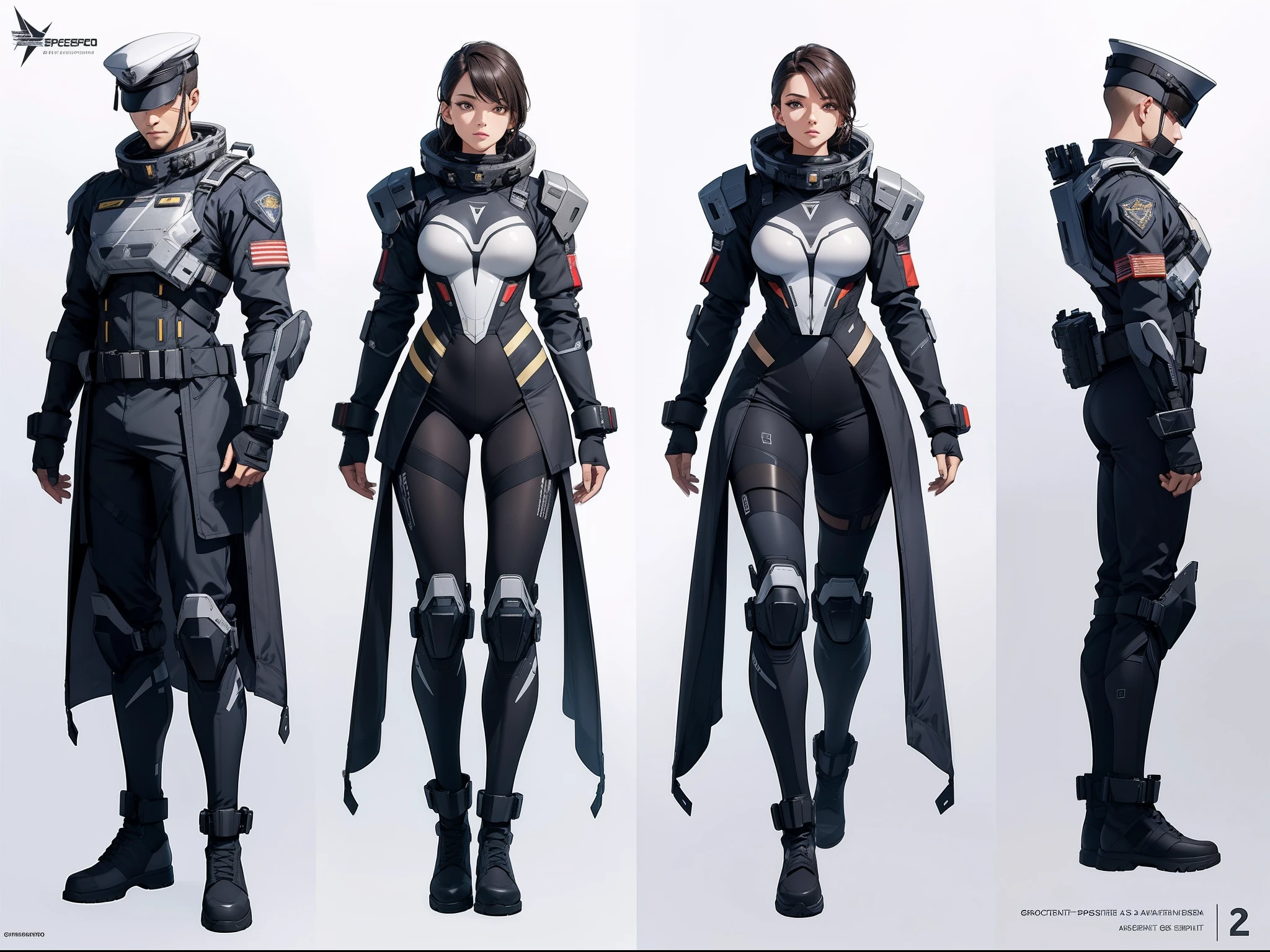 A comprehensive clothing sheet depicting a futuristic military spacesuit with high boots, mostrado em frontal, lado, and three-bedroom views against a white background. The sheet includes various angles of the clothing, Como fachada, traseira, e perspectivas laterais, together with a model sheet and a reference sheet, all with a full-body representation.