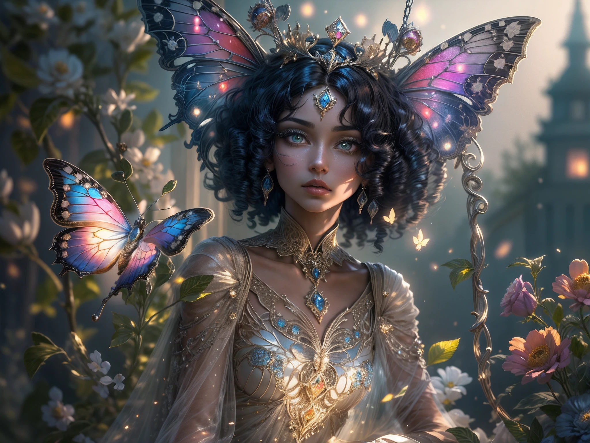 This is a realistic fantasy masterpiece with lots of shimmer, glitter, and intricate ornate detail. Generate one petite woman with a beautiful and delicate crown sitting on a garden swing at night. She is a beautiful and seductive butterfly queen with stunning curly black hair, (((incredibly realistic and detailed dynamic eyes in bright colors with realistic shading))).  Her skin is translucent white, her eyes sparkle, and her dress is elegant. Her dress is spun of the finest gossamer silk with delicate, intricate, and subtle floral detailing and gold silk butterfly sleeves. Her face is lovely and lonely. Include glow-in-the-dark flowers, lots of particles, highly realistic fantasy butteflies with translucent jewel-toned wings and fine detailing, and glow. The artwork is done in the style of Guviz and brings to mind masters in the genre such as trending fantasy works on Artstation and Midjourney. Camera: Utilize dynamic composition techniques to emphasize etherealness and delicate detail.