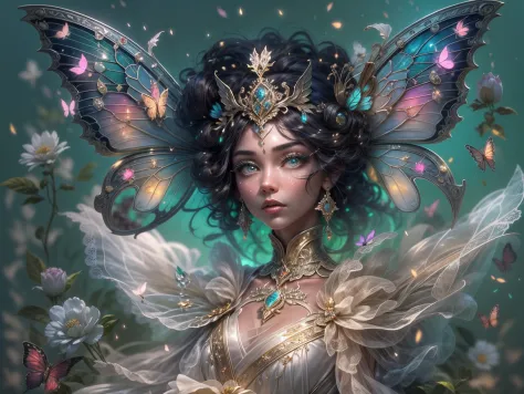 This is a realistic fantasy masterpiece with lots of shimmer, glitter, and intricate ornate detail. Generate one petite woman with a beautiful and delicate crown sitting on a garden swing at night. She is a beautiful and seductive butterfly queen with stun...