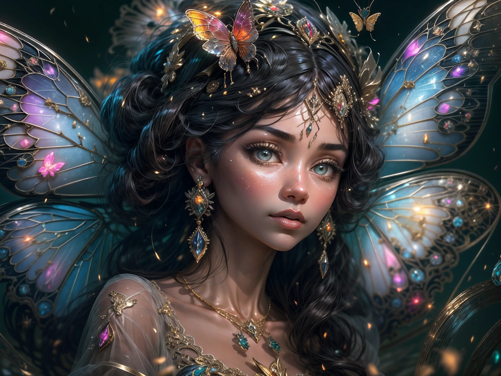 This is a realistic fantasy masterpiece with lots of shimmer, glitter, and intricate ornate detail. Generate one  woman with a beautiful and delicate crown sitting on a garden swing at night. She is a beautiful and seductive butterfly queen with stunning curly black hair, (((incredibly realistic and detailed dynamic eyes in bright colors with realistic shading))).  Her skin is translucent white, her eyes sparkle, and her dress is elegant. Her dress is spun of the finest gossamer silk with delicate, intricate, and subtle floral detailing and gold silk butterfly sleeves. Her face is lovely and lonely. Include glow-in-the-dark flowers, lots of particles, highly realistic fantasy butteflies with translucent jewel-toned wings and fine detailing, and glow. The artwork is done in the style of Guviz and brings to mind masters in the genre such as trending fantasy works on Artstation and Midjourney. Camera: Utilize dynamic composition techniques to emphasize etherealness and delicate detail.